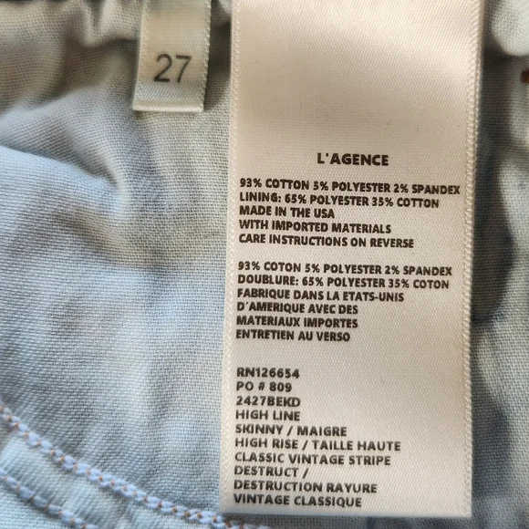 NWT L'Agence "High Line Skinny" Jeans Classic Vintage Stripe Destruct Blue 27 - Picture 10 of 14